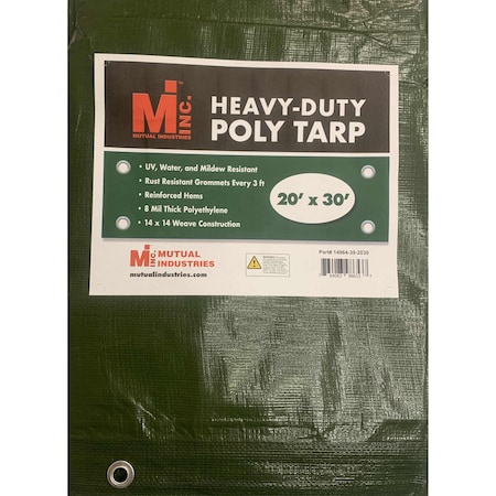 Mutual Industries Heavy Duty Tarp, 20 ft x 30 ft, 8 mil, Green, UV Resistant, Mildew Resistant 14964-39-2030